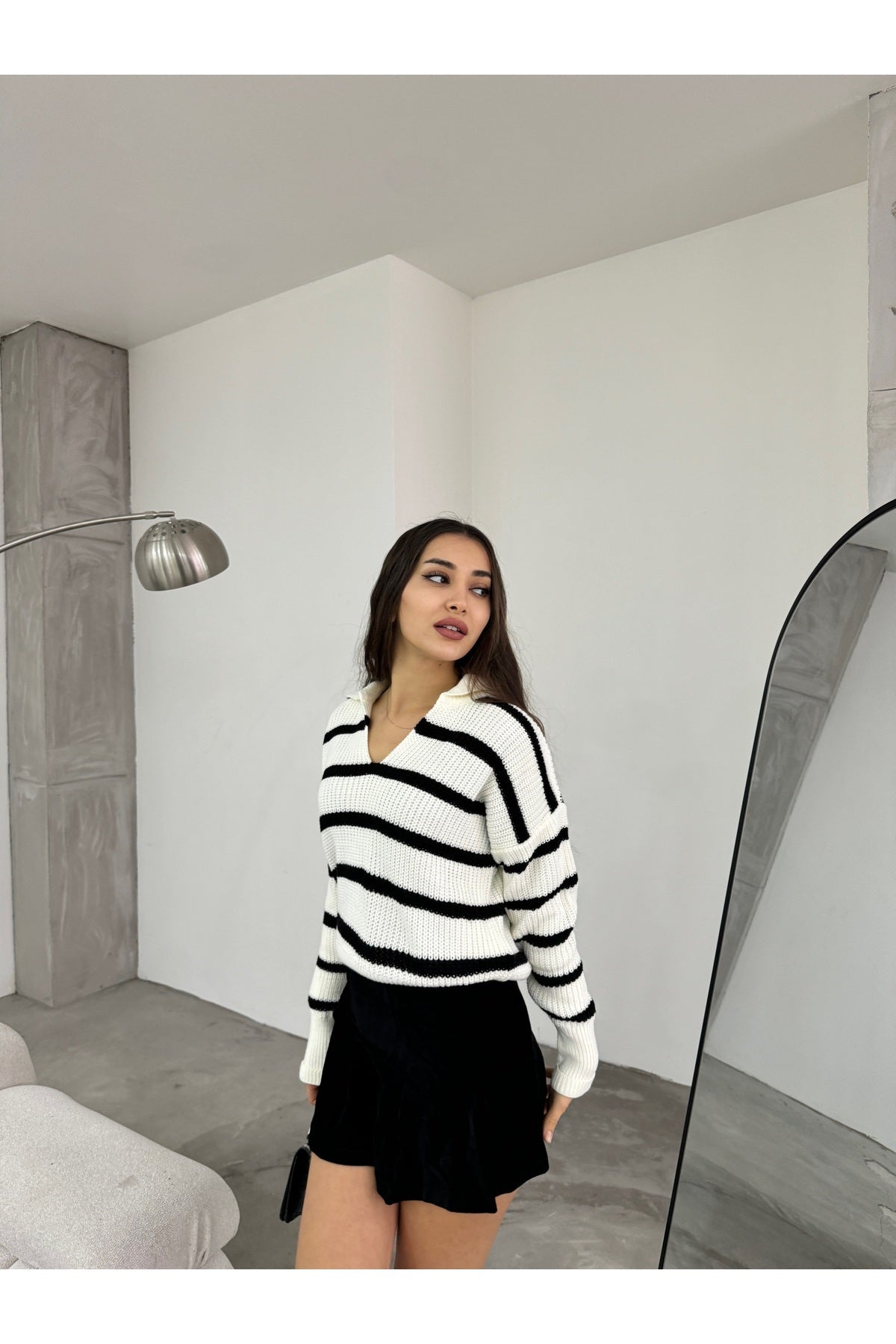 Women's White Polo Collar Striped Thick Knit Sweater - MALLTURK