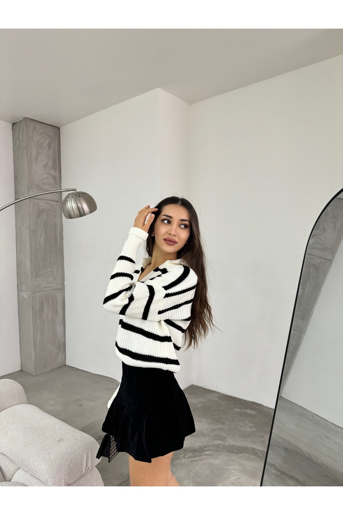 Women's White Polo Collar Striped Thick Knit Sweater - MALLTURK