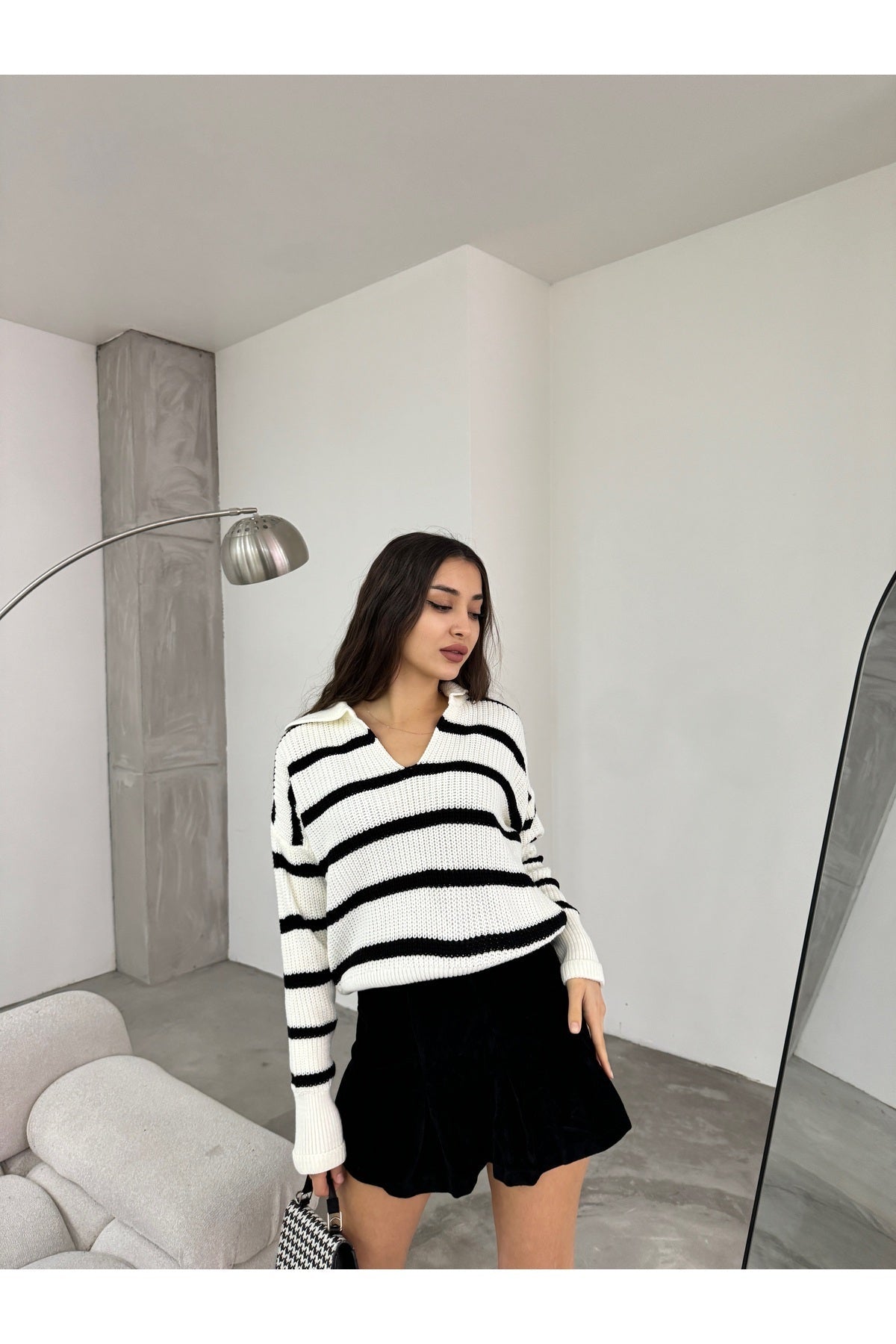 Women's White Polo Collar Striped Thick Knit Sweater - MALLTURK