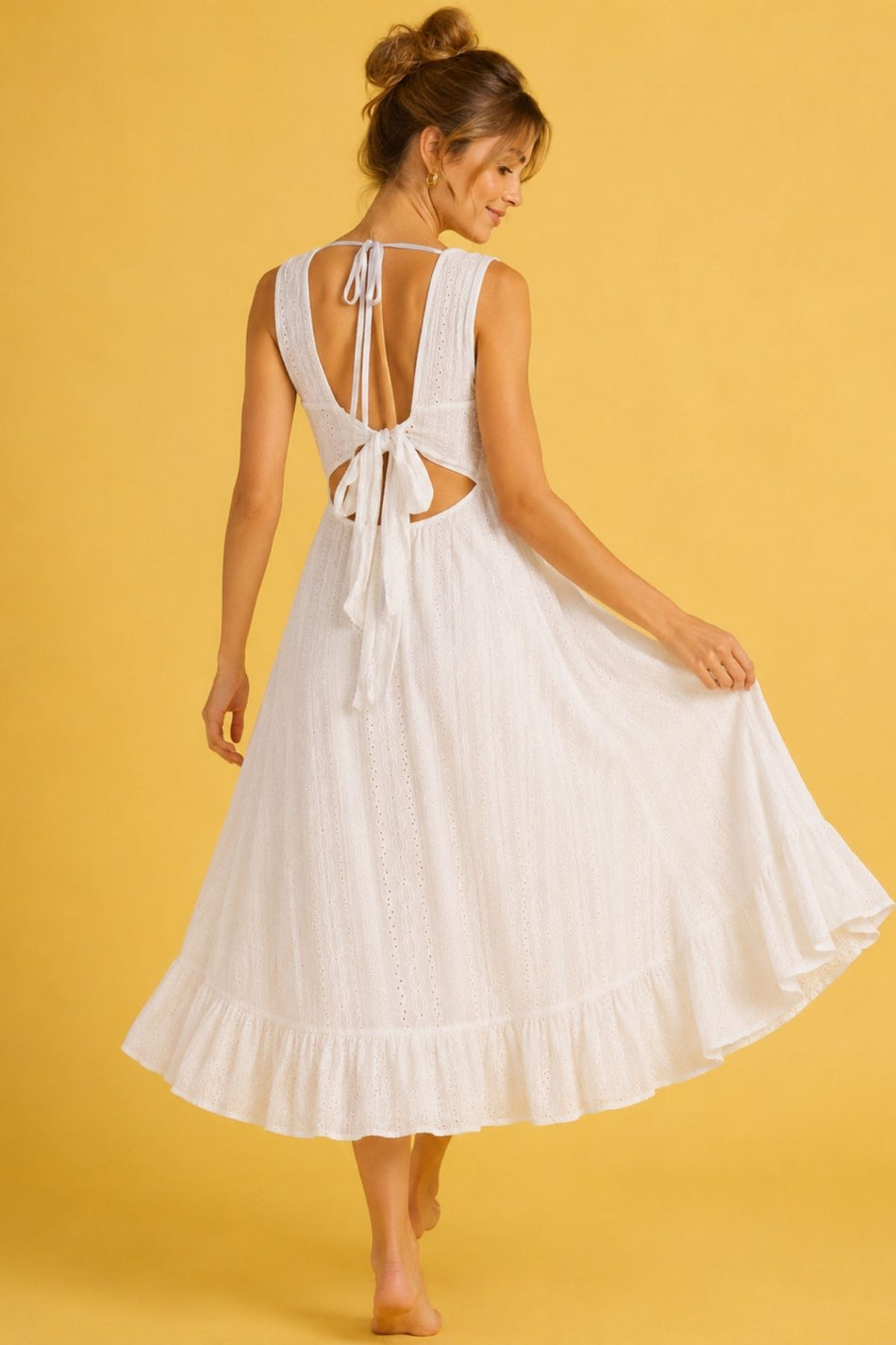 Women's White Scallop Collar Double-Breasted Flounce Dress with Tie Back - MALLTURK