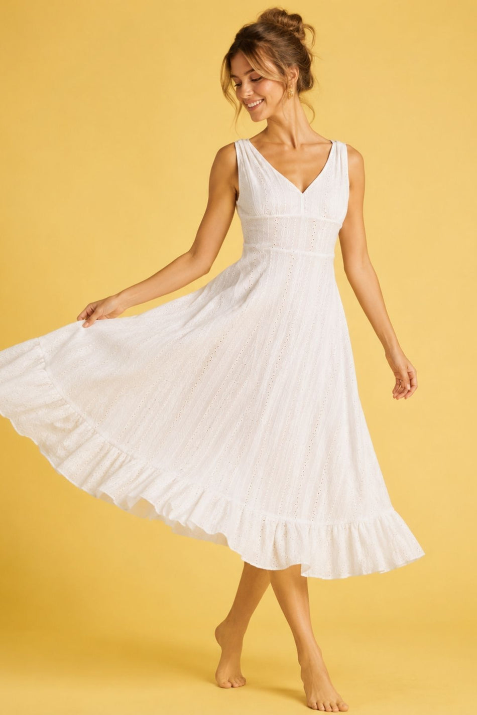 Women's White Scallop Collar Double-Breasted Flounce Dress with Tie Back - MALLTURK