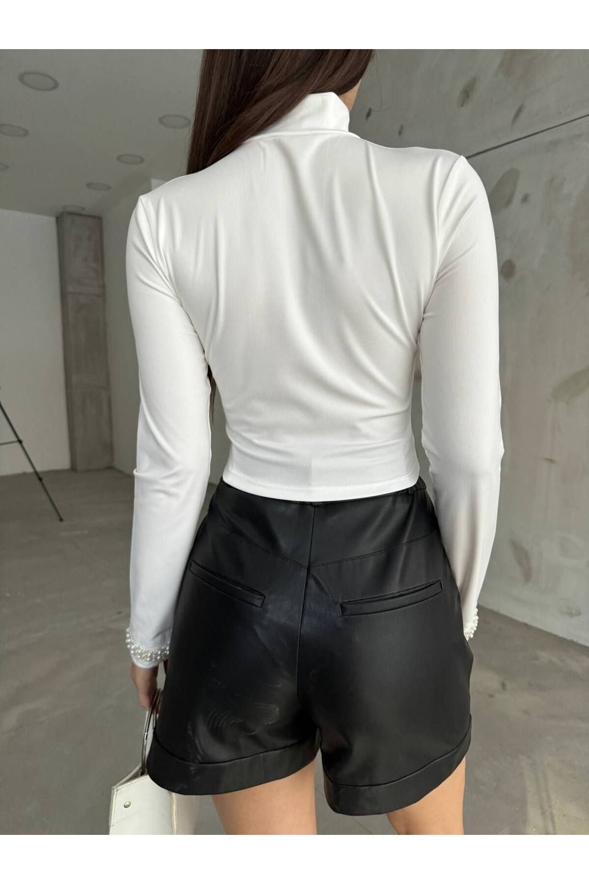 Women's White Turtleneck Blouse with Bead Details - MALLTURK