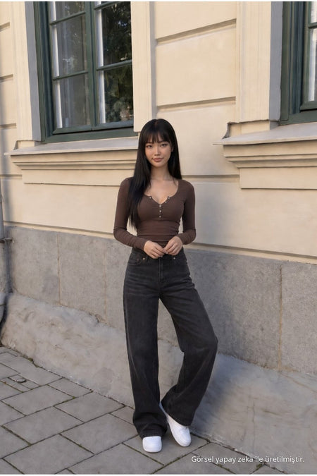 Women's Wide Leg High Waist Jeans, Black Effect - MALLTURK