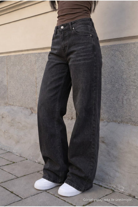 Women's Wide Leg High Waist Jeans, Black Effect - MALLTURK