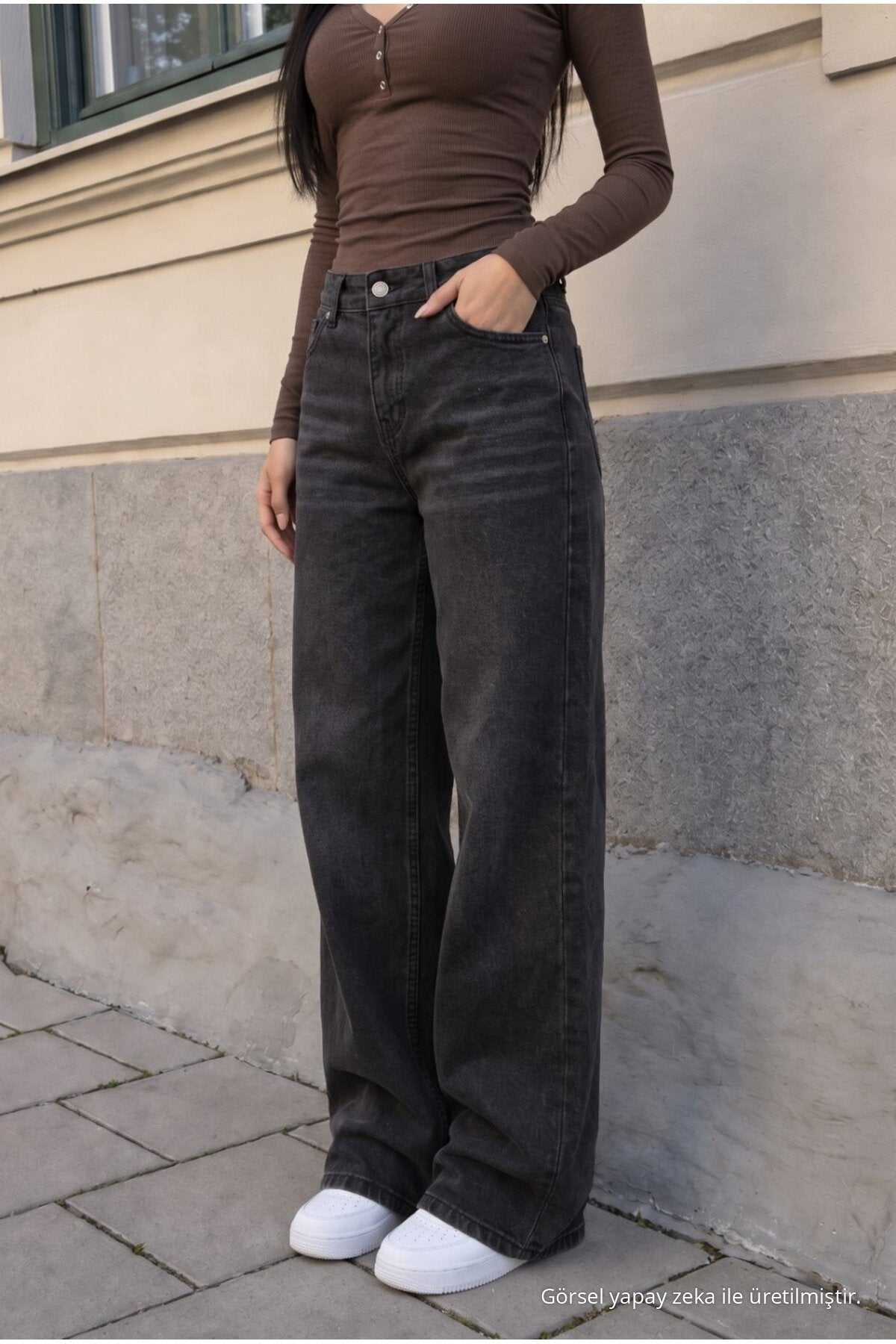 Women's Wide Leg High Waist Jeans, Black Effect - MALLTURK