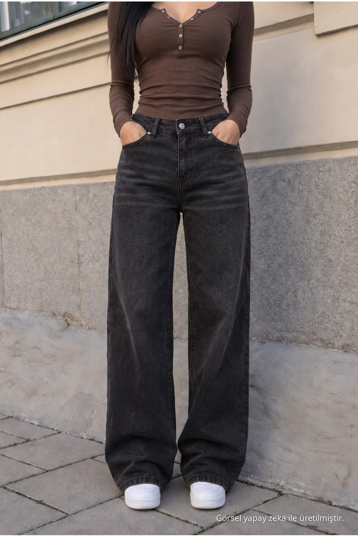 Women's Wide Leg High Waist Jeans, Black Effect - MALLTURK