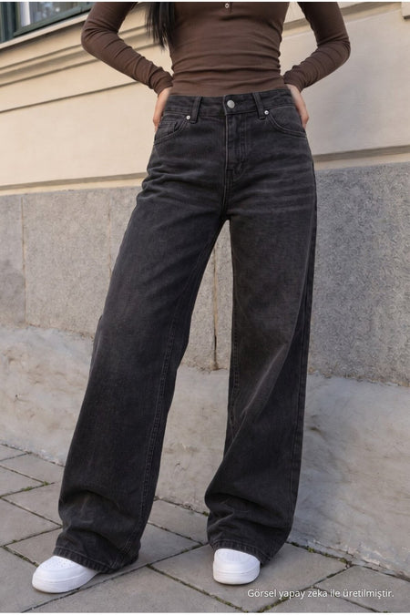 Women's Wide Leg High Waist Jeans, Black Effect - MALLTURK