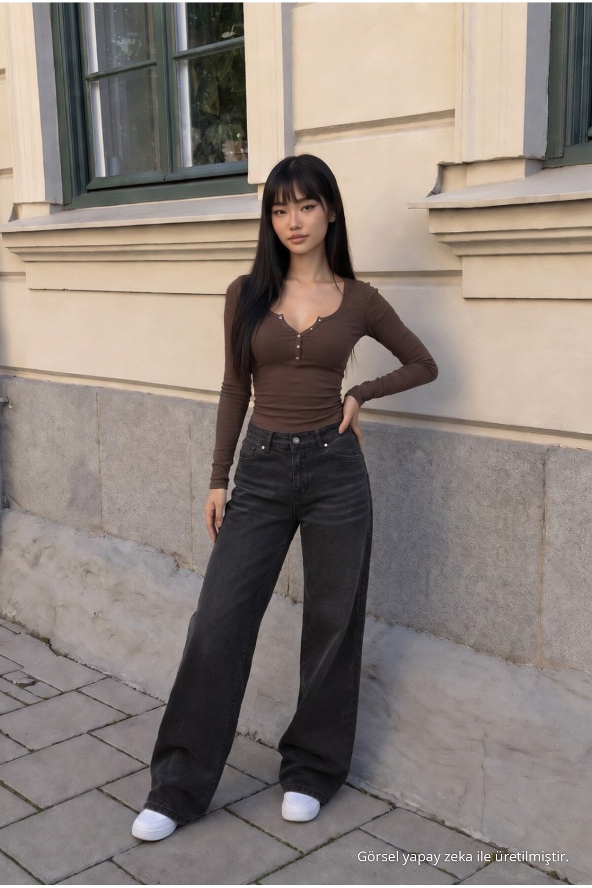 Women's Wide Leg High Waist Jeans, Black Effect - MALLTURK