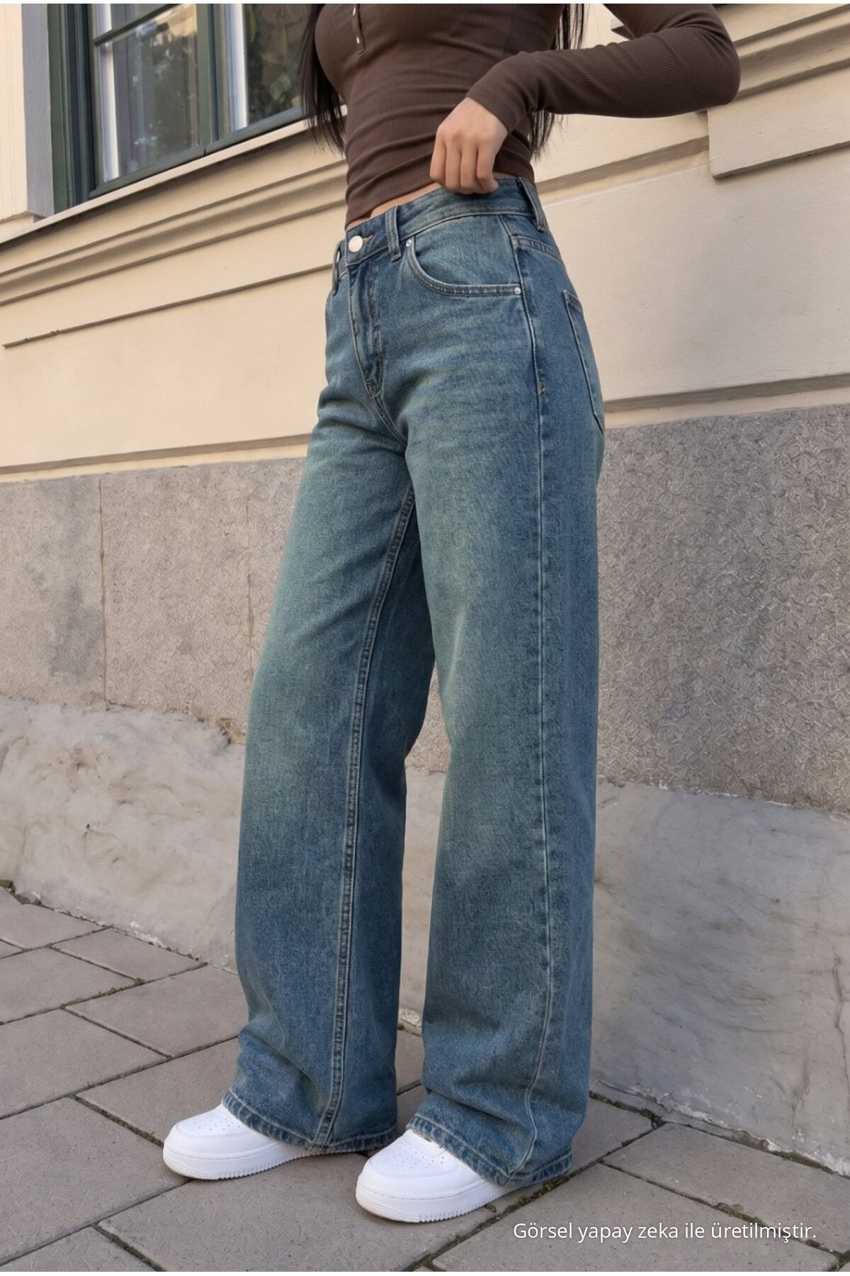 Women's Wide Leg High Waist Jeans Dark Blue - MALLTURK