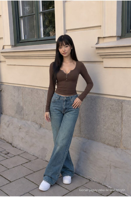 Women's Wide Leg High Waist Jeans Dark Blue - MALLTURK