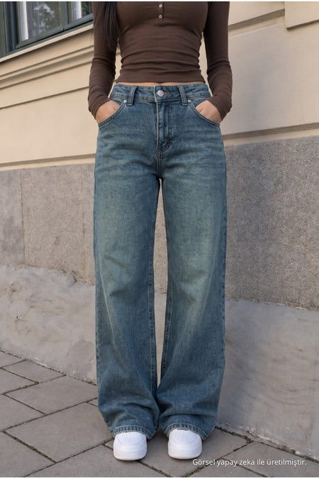 Women's Wide Leg High Waist Jeans Dark Blue - MALLTURK
