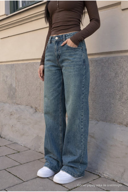 Women's Wide Leg High Waist Jeans Dark Blue - MALLTURK