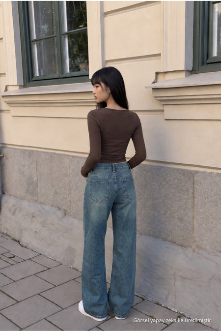 Women's Wide Leg High Waist Jeans Dark Blue - MALLTURK