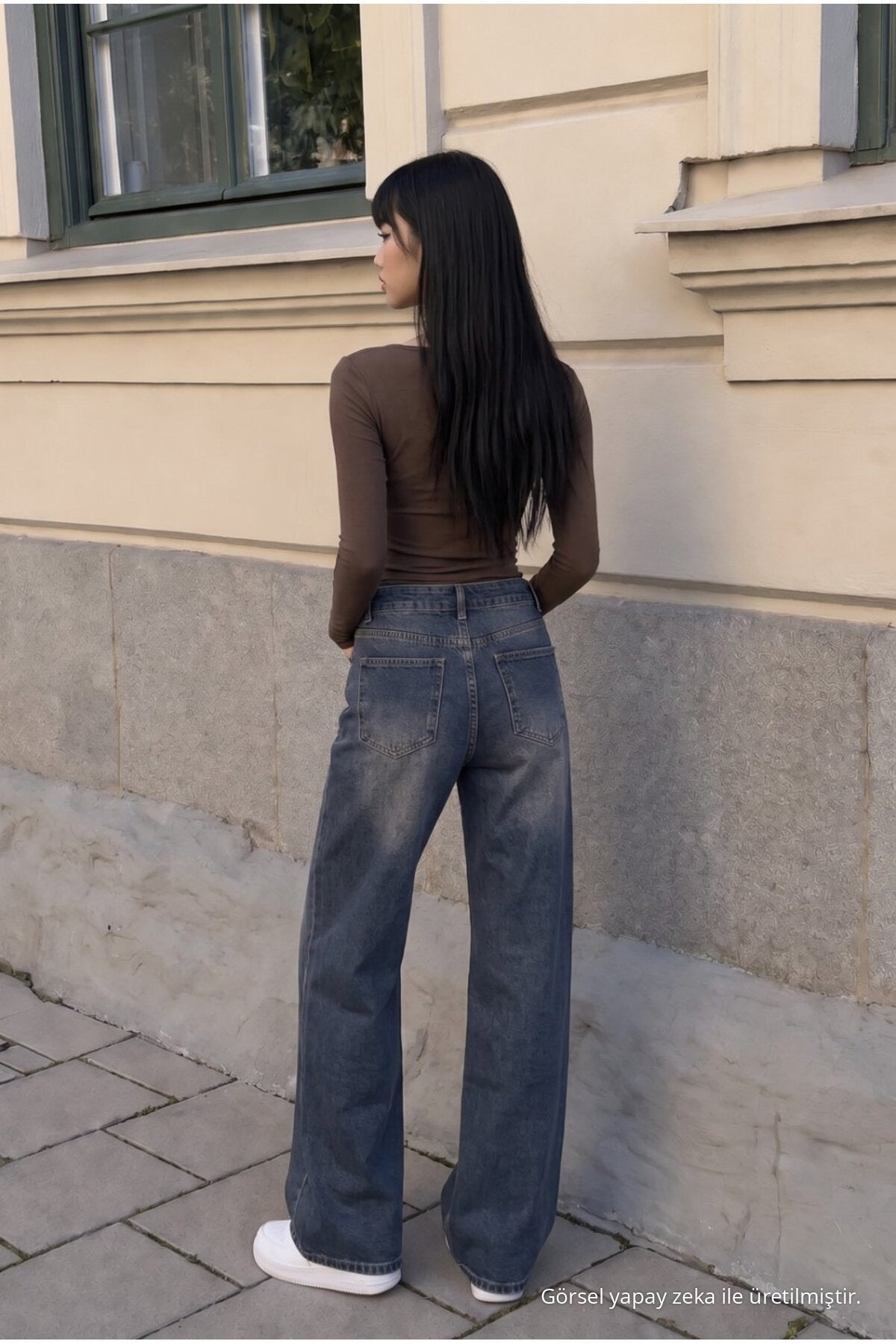 Women's Wide Leg High Waist Jeans, Navy Blue Effect - MALLTURK