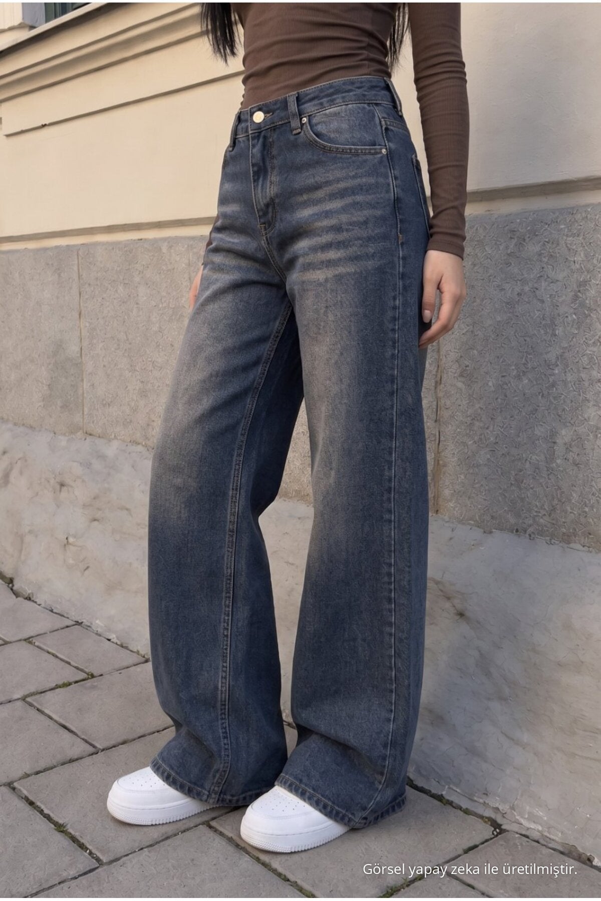 Women's Wide Leg High Waist Jeans, Navy Blue Effect - MALLTURK