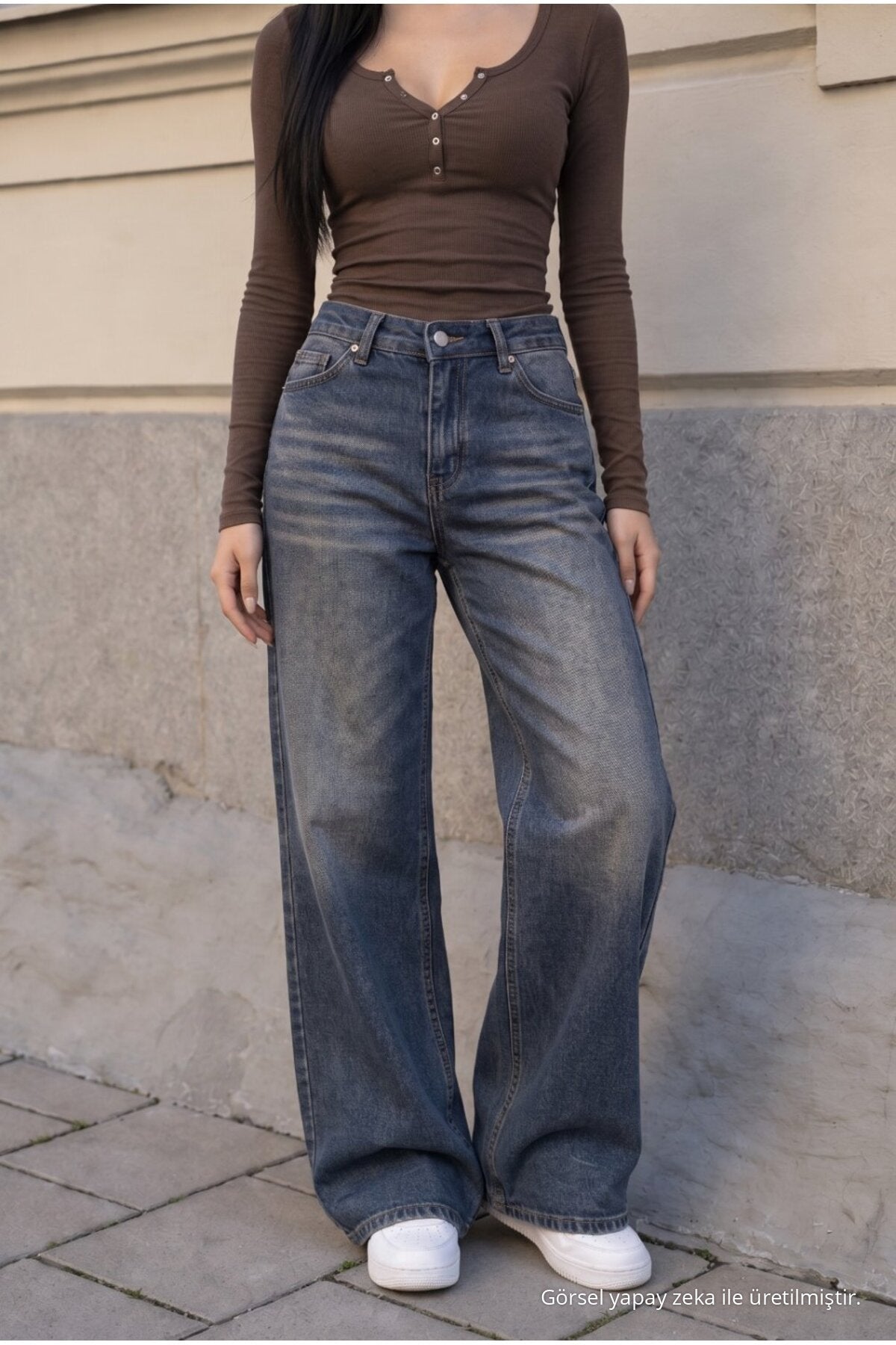 Women's Wide Leg High Waist Jeans, Navy Blue Effect - MALLTURK