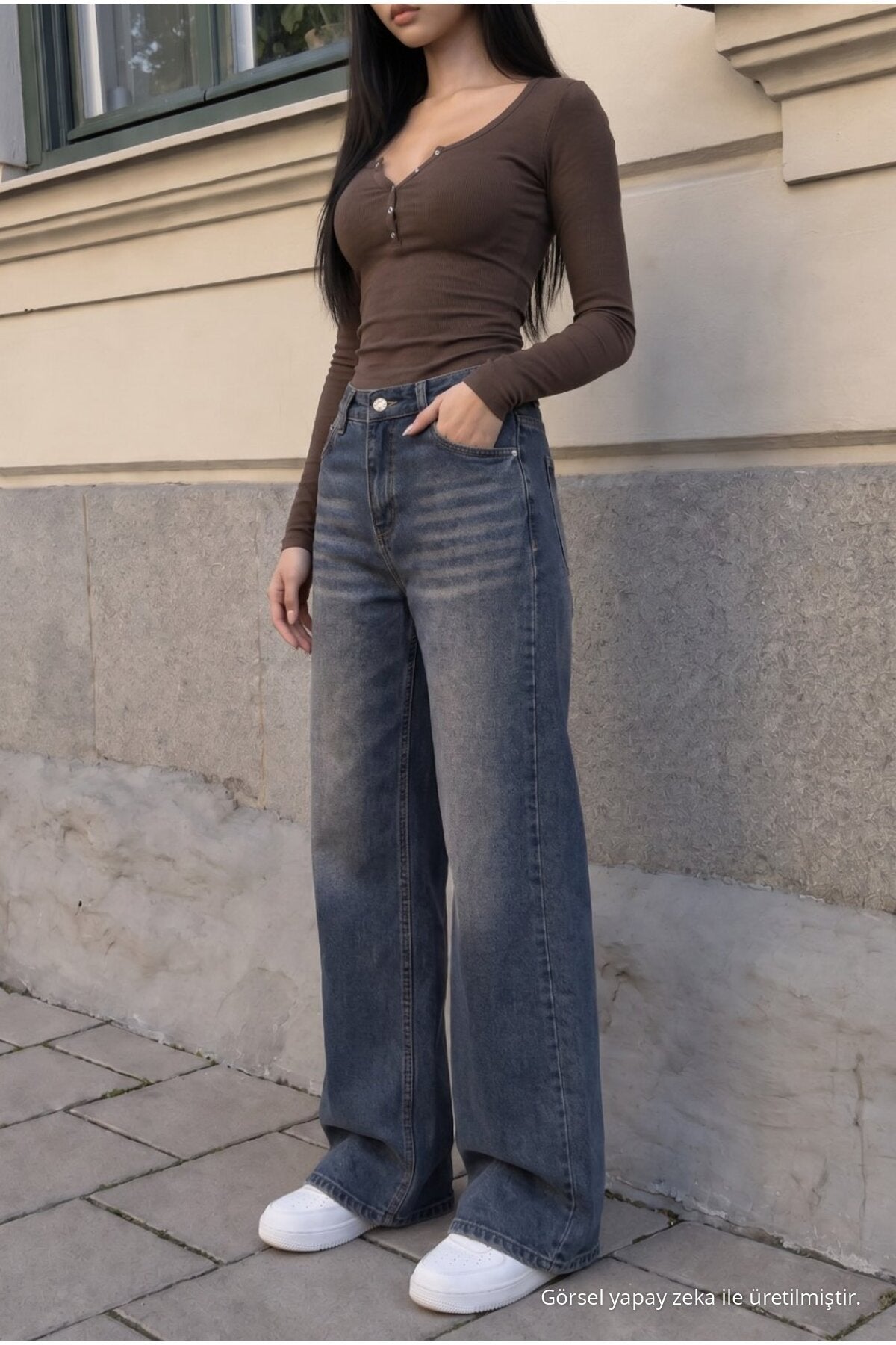 Women's Wide Leg High Waist Jeans, Navy Blue Effect - MALLTURK