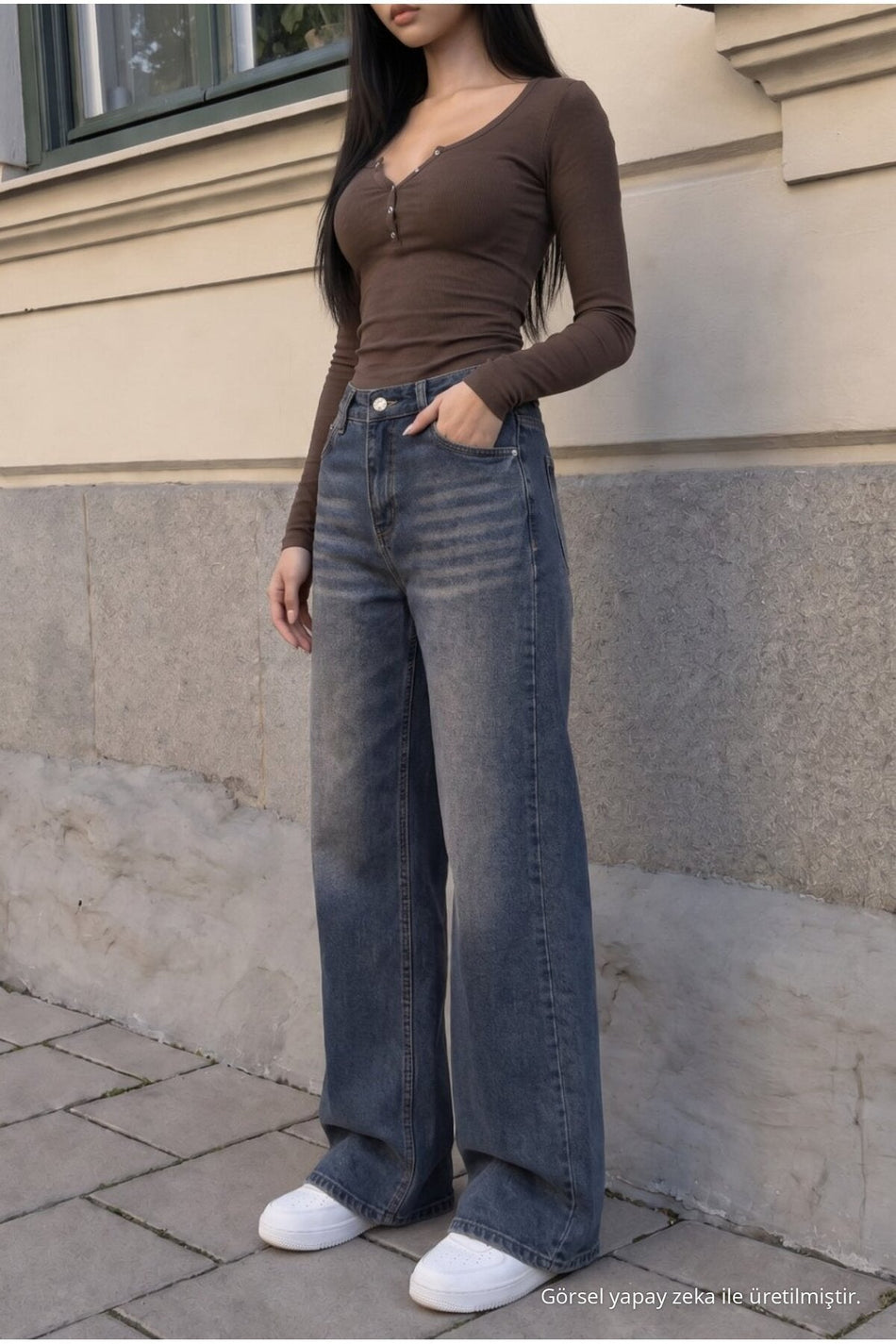 Women's Wide Leg High Waist Jeans, Navy Blue Effect - MALLTURK