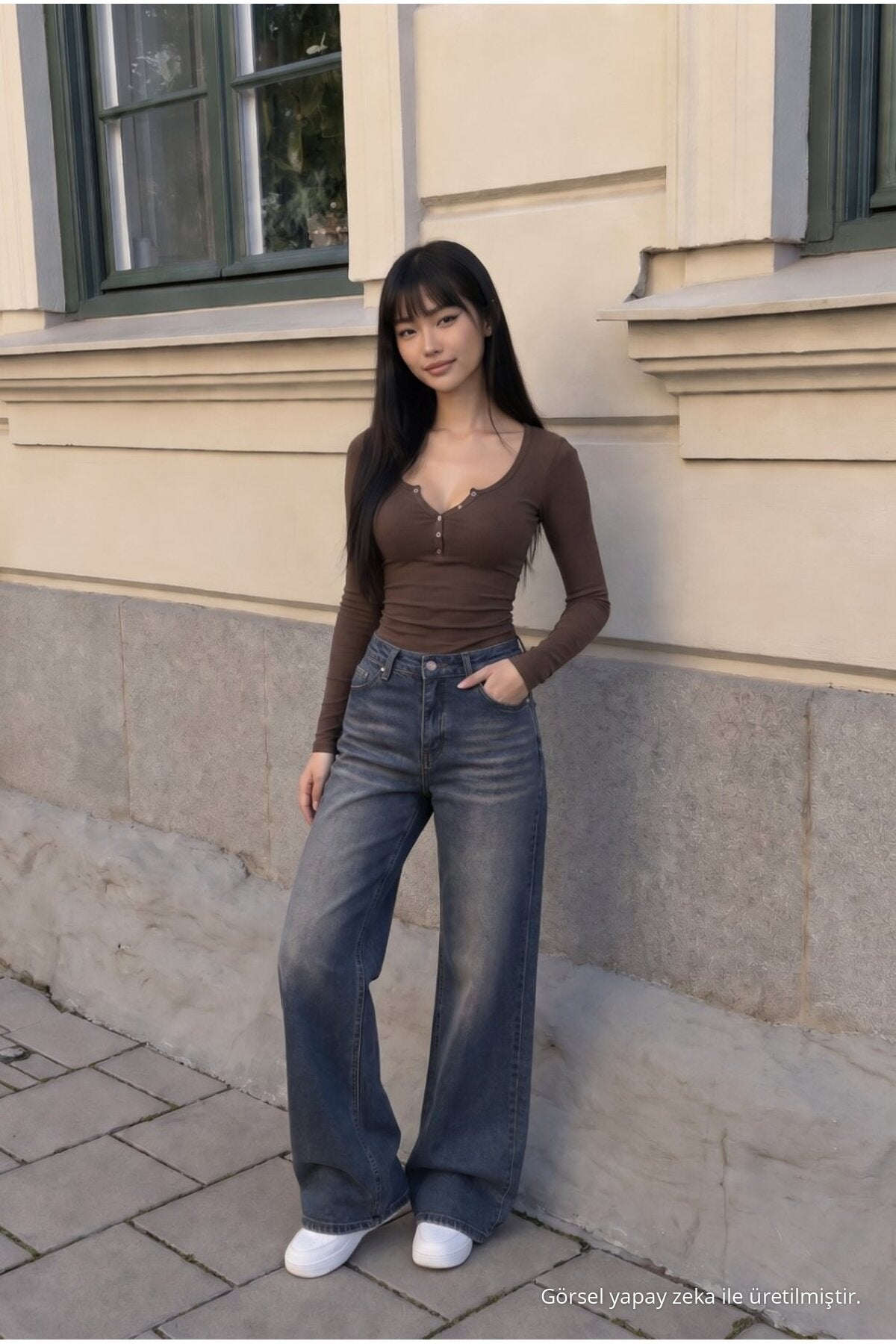 Women's Wide Leg High Waist Jeans, Navy Blue Effect - MALLTURK