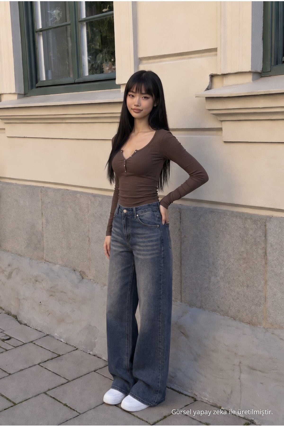 Women's Wide Leg High Waist Jeans, Navy Blue Effect - MALLTURK