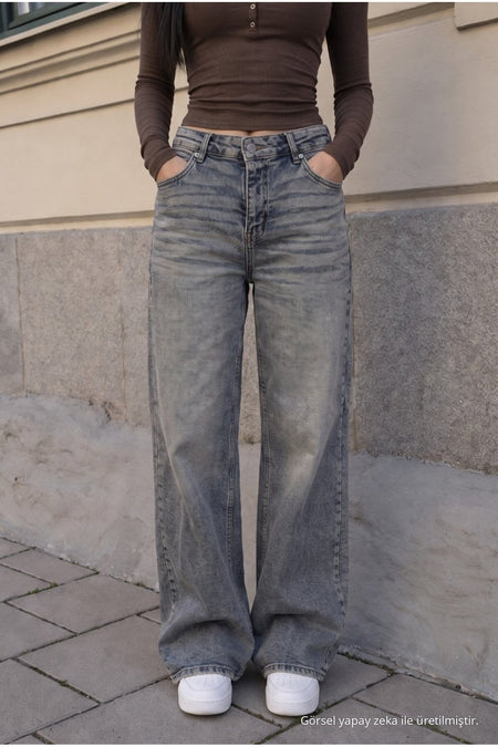 Women's Wide Leg High Waist Jeans Sky Blue - MALLTURK