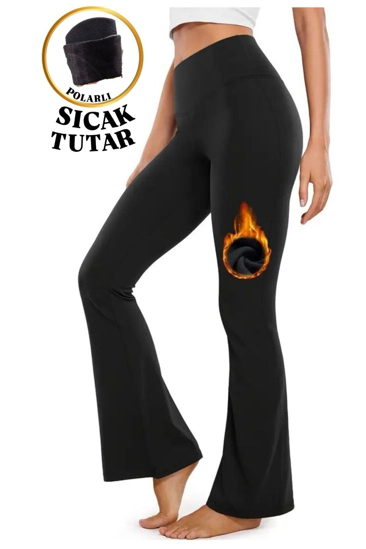 Women's Winter Fleece Inside Black High Waist Recovery Spanish Leg Leggings - MALLTURK