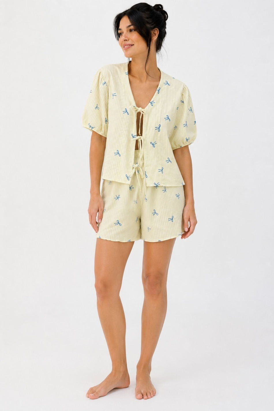 Women's Yellow Front Tie Bow Patterned Short Sleeve Shorts - Top Set - MALLTURK