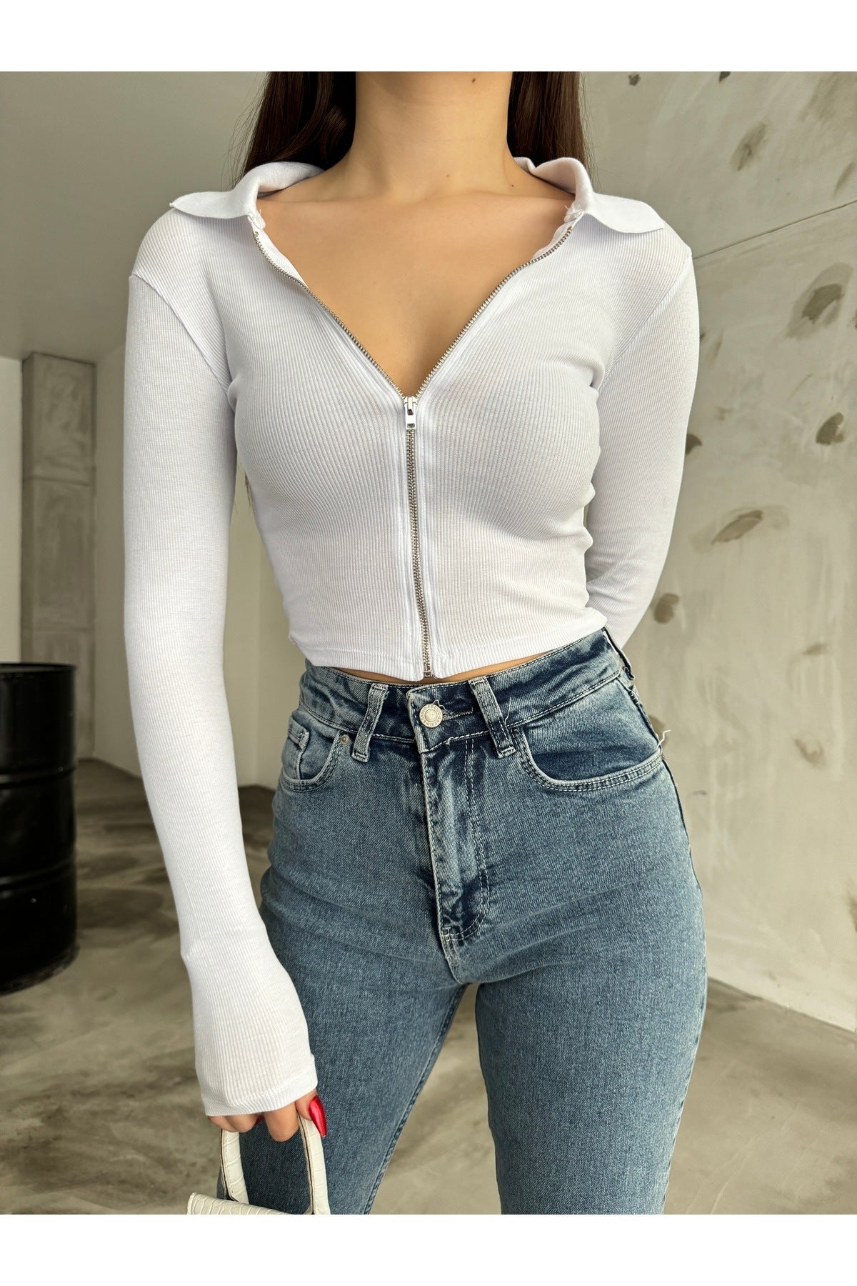Women's Zip-Up Polo Collar Ribbed Long Sleeve Corset Crop Blouse WHITE - MALLTURK