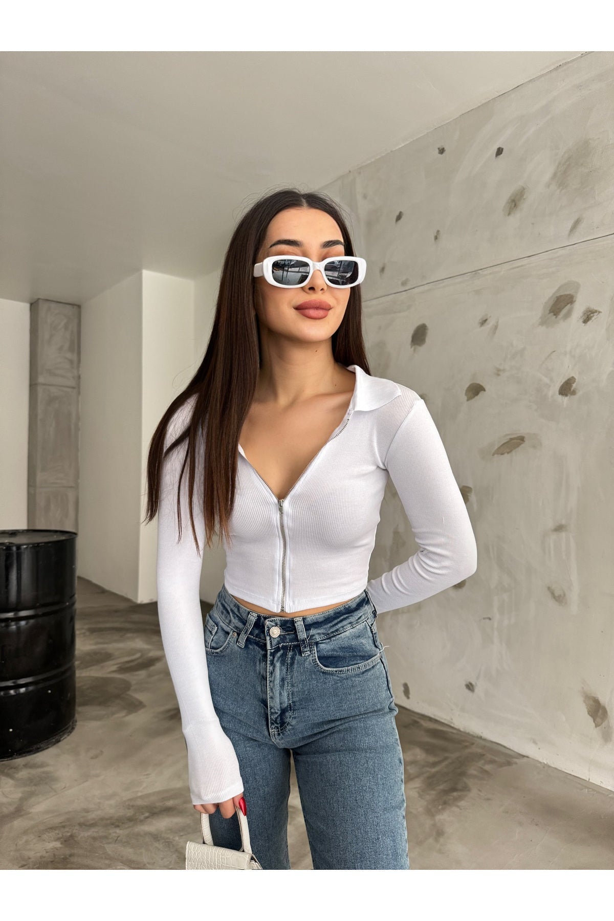 Women's Zip-Up Polo Collar Ribbed Long Sleeve Corset Crop Blouse WHITE - MALLTURK