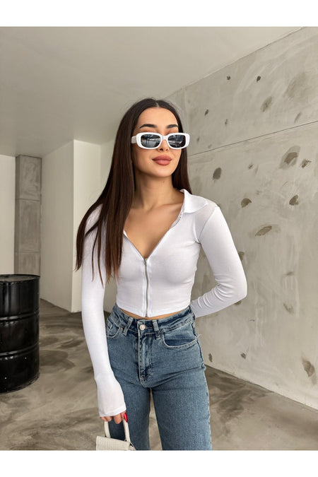 Women's Zip-Up Polo Collar Ribbed Long Sleeve Corset Crop Blouse WHITE - MALLTURK