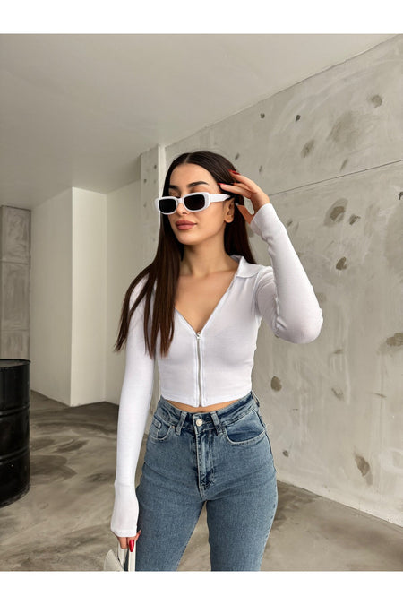 Women's Zip-Up Polo Collar Ribbed Long Sleeve Corset Crop Blouse WHITE - MALLTURK