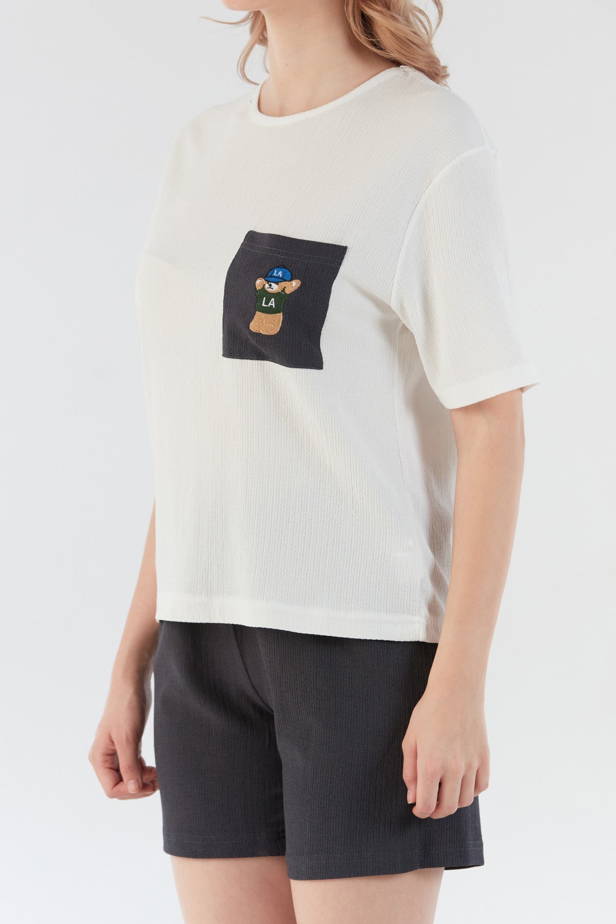 Wrapped Fabric Teddy Bear Embroidered Pocket Shorts Set - MALLTURK