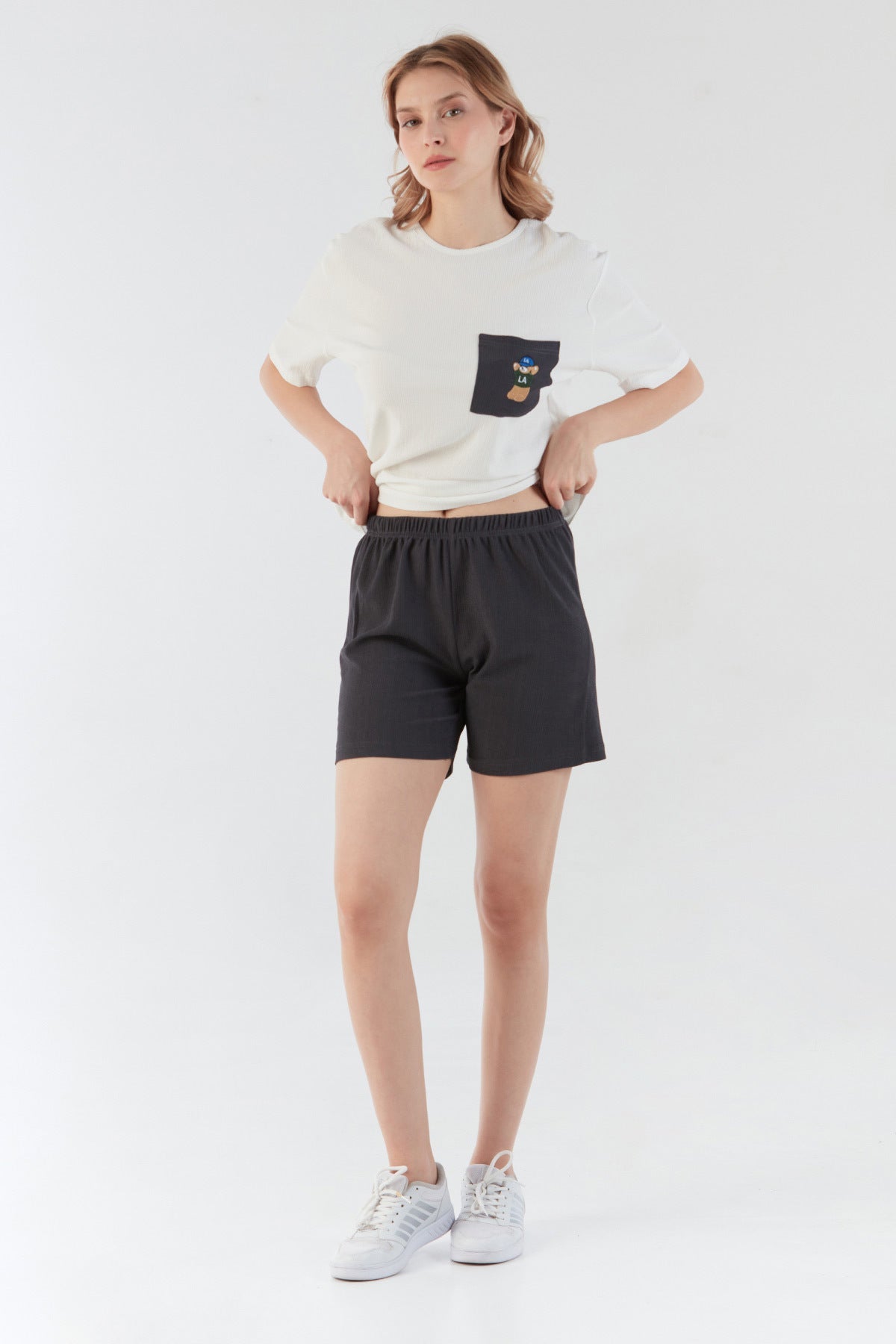 Wrapped Fabric Teddy Bear Embroidered Pocket Shorts Set - MALLTURK