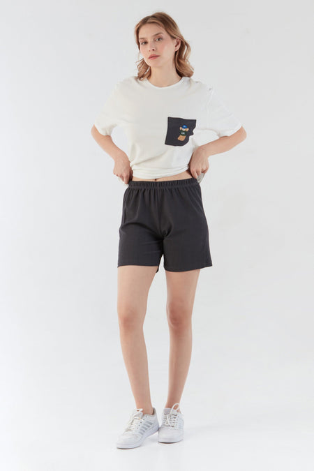 Wrapped Fabric Teddy Bear Embroidered Pocket Shorts Set - MALLTURK