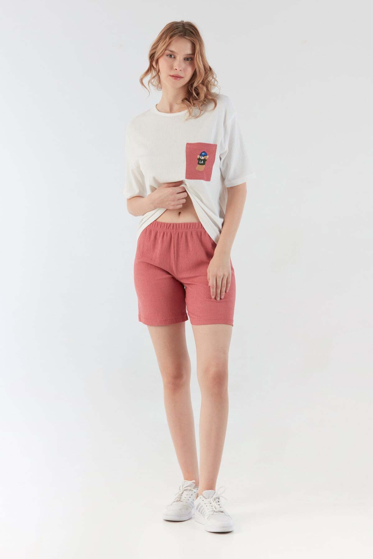 Wrapped Fabric Teddy Bear Embroidered Pocket Shorts Set - MALLTURK