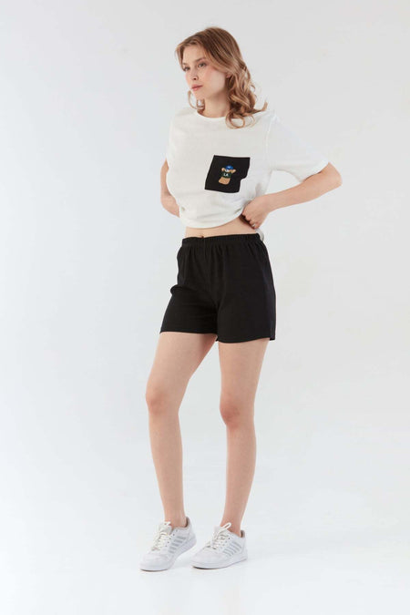 Wrapped Fabric Teddy Bear Embroidered Pocket Shorts Set - MALLTURK