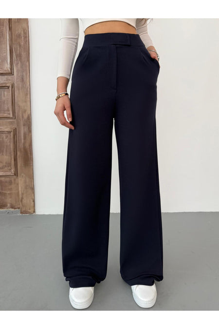 Yüksek Bel Cırt Kapamalı Palazzo Pantolon Lacivert - MALLTURK