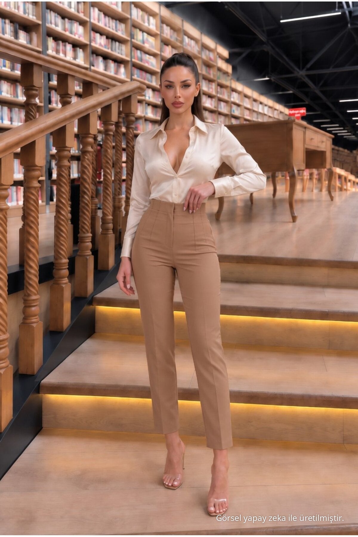 Yüksek Bel Pileli Slim Fit Ofis Pantolonu Vizon - MALLTURK