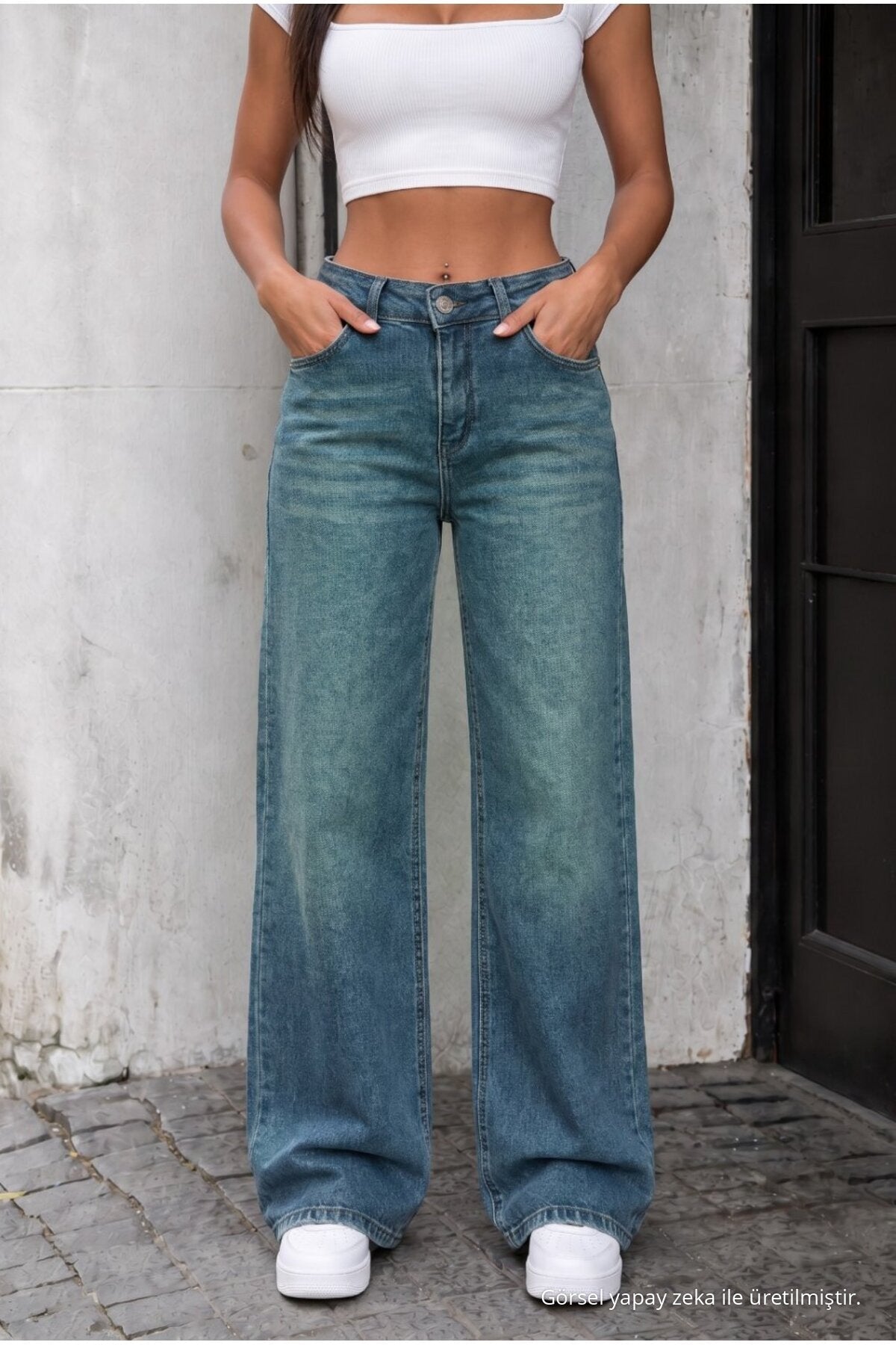 Yüksek Bel Wide Leg Bol Paça Yıkamalı Jean KOYU MAVİ - MALLTURK