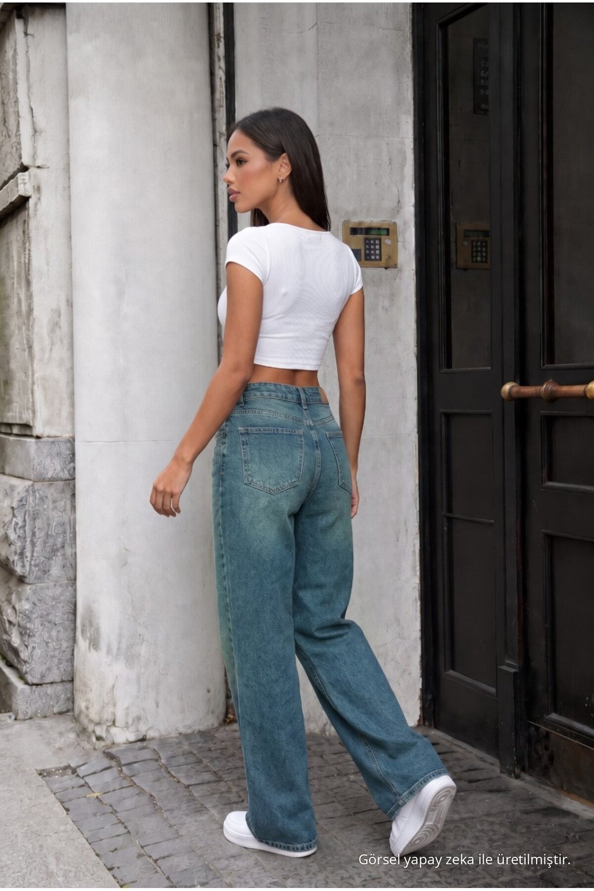 Yüksek Bel Wide Leg Bol Paça Yıkamalı Jean KOYU MAVİ - MALLTURK