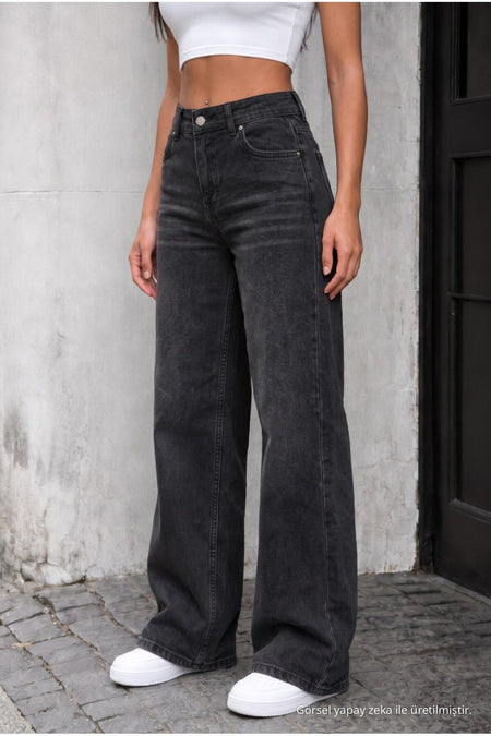 Yüksek Bel Wide Leg Bol Paça Yıkamalı Jean SİYAH EFEKTLİ - MALLTURK