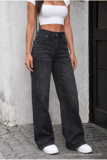 Yüksek Bel Wide Leg Bol Paça Yıkamalı Jean SİYAH EFEKTLİ - MALLTURK