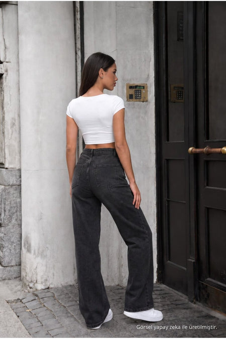 Yüksek Bel Wide Leg Bol Paça Yıkamalı Jean SİYAH EFEKTLİ - MALLTURK