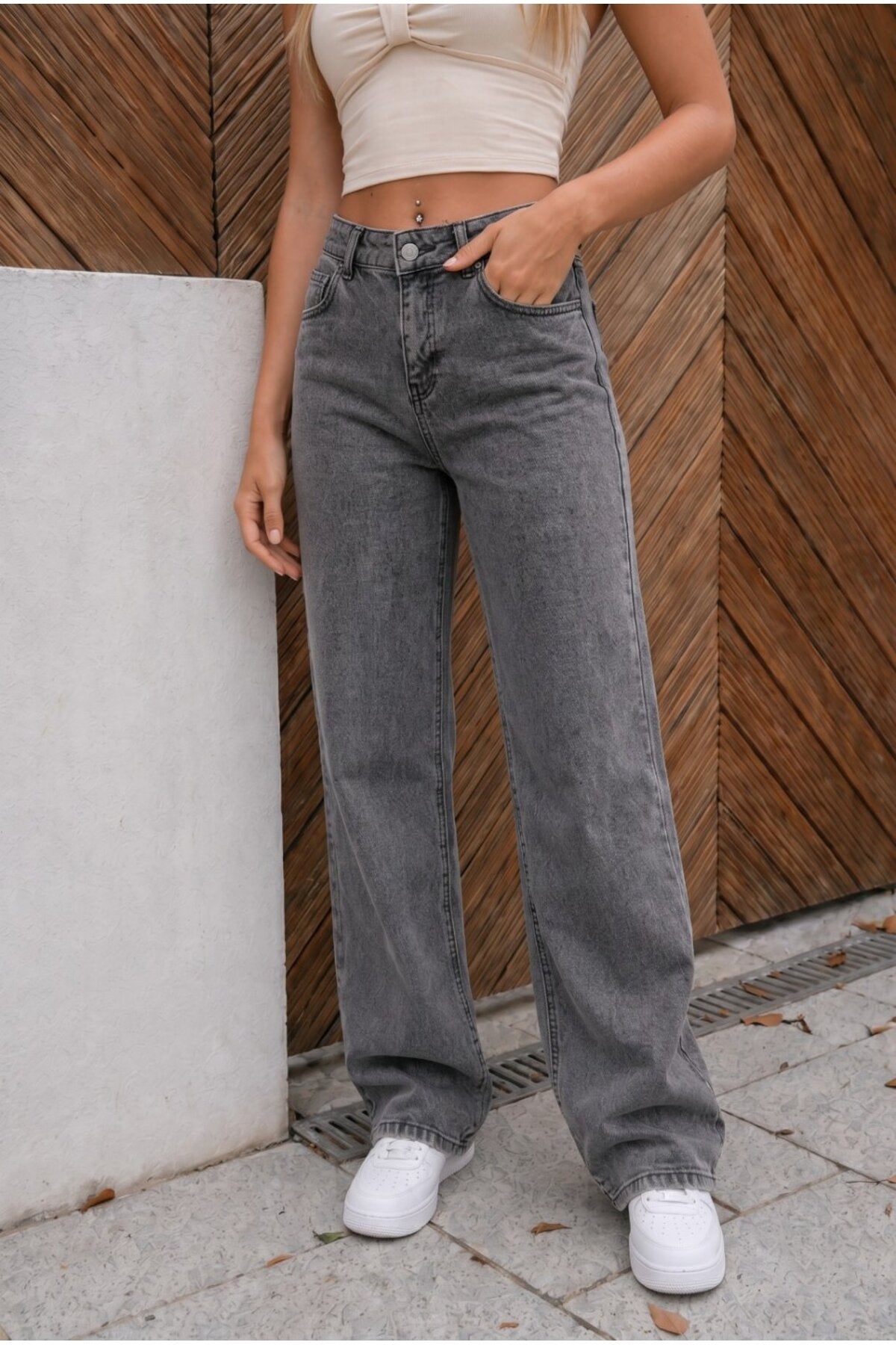Yüksek Bel Wide Leg Salaş Esnek Palazzo Jean Gri - MALLTURK