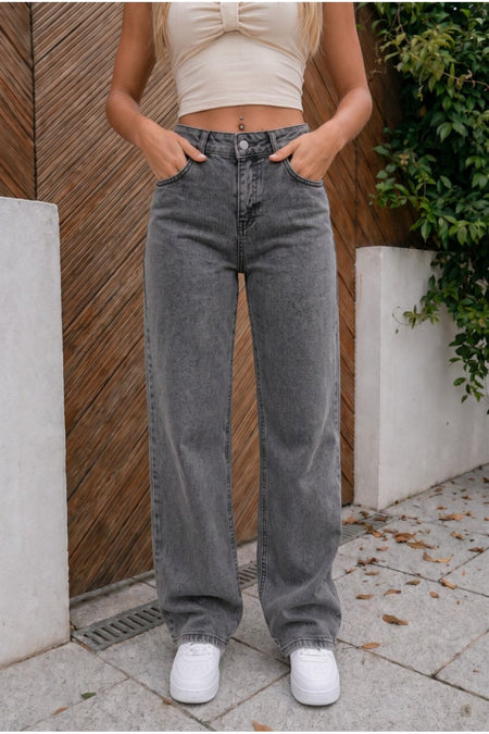 Yüksek Bel Wide Leg Salaş Esnek Palazzo Jean Gri - MALLTURK