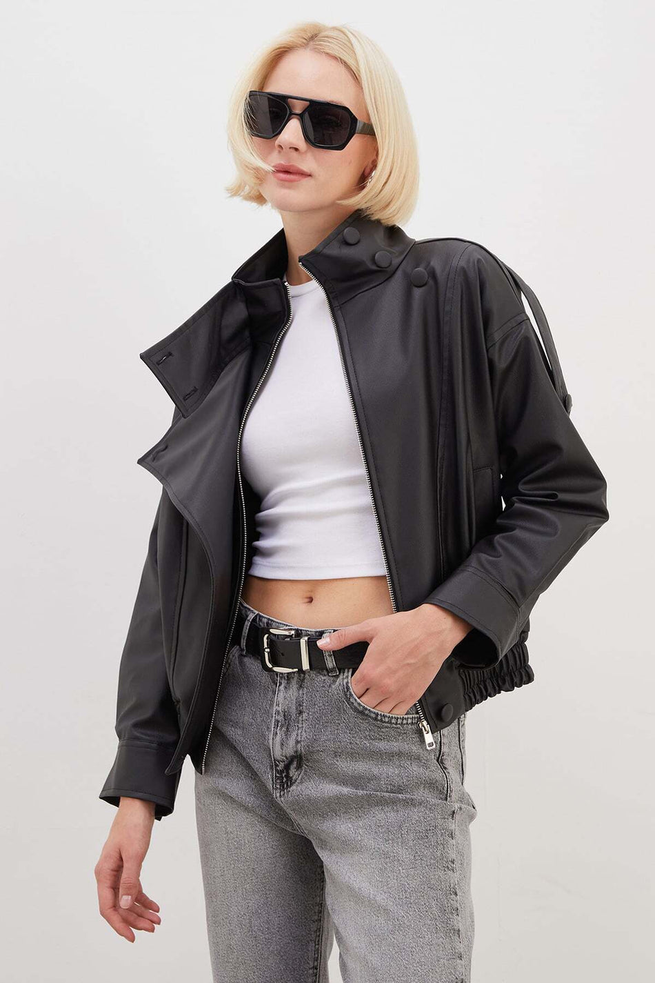 Zippered Double-Breasted Collared Buttoned Faux Leather Jacket - MALLTURK