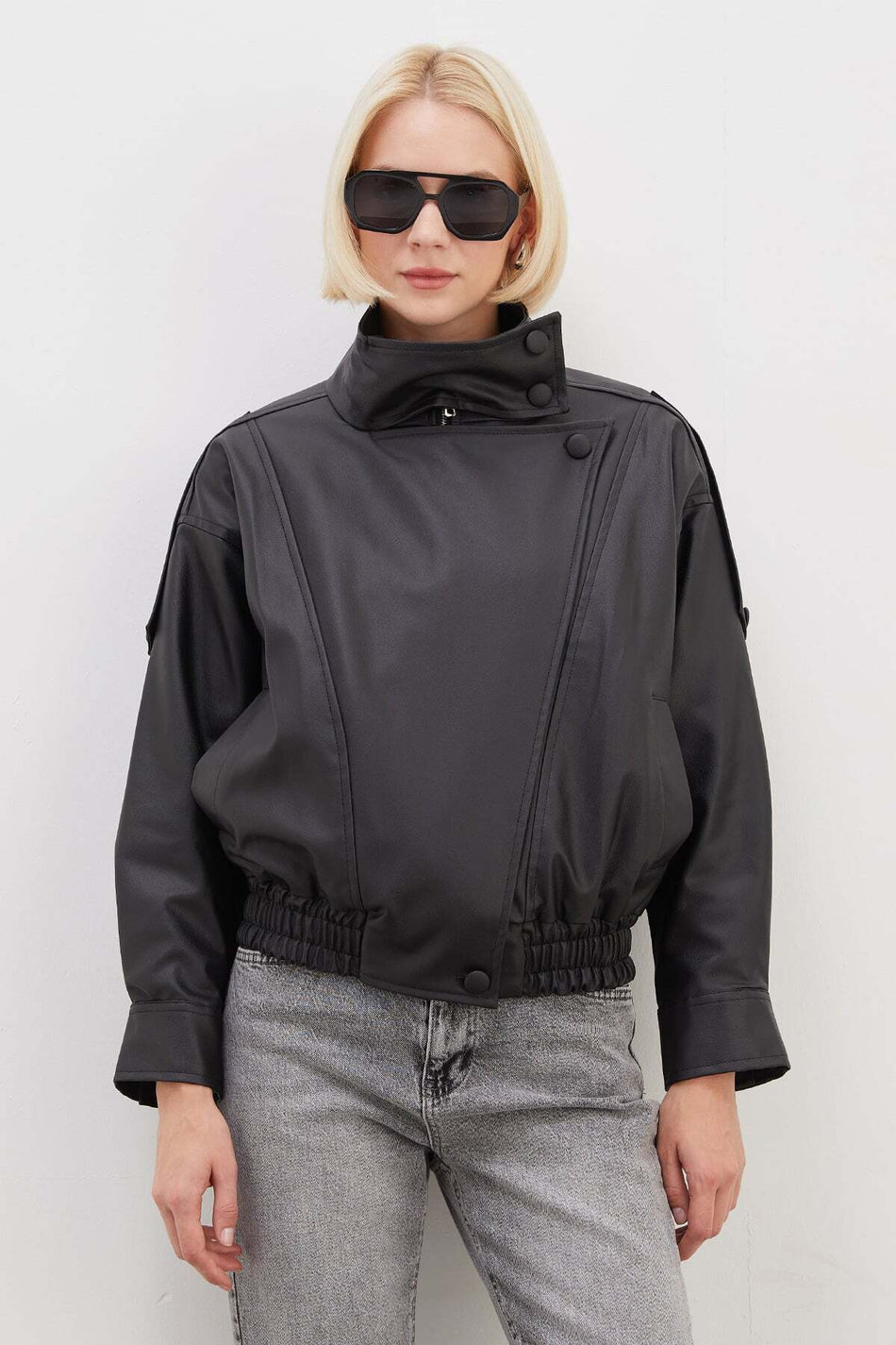 Zippered Double-Breasted Collared Buttoned Faux Leather Jacket - MALLTURK