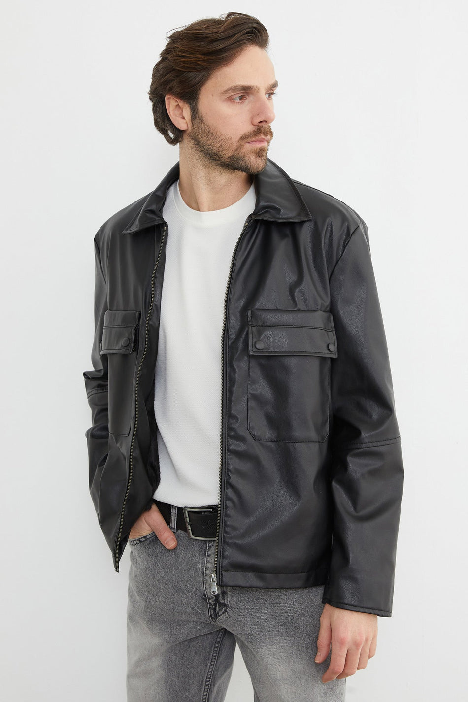 Zippered Double Pocket Faux Leather Jacket - MALLTURK
