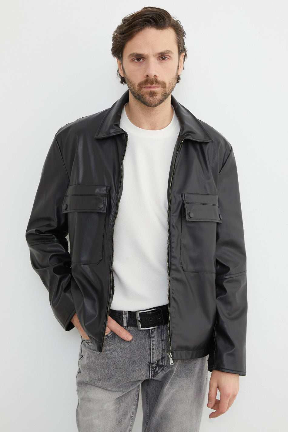 Zippered Double Pocket Faux Leather Jacket - MALLTURK