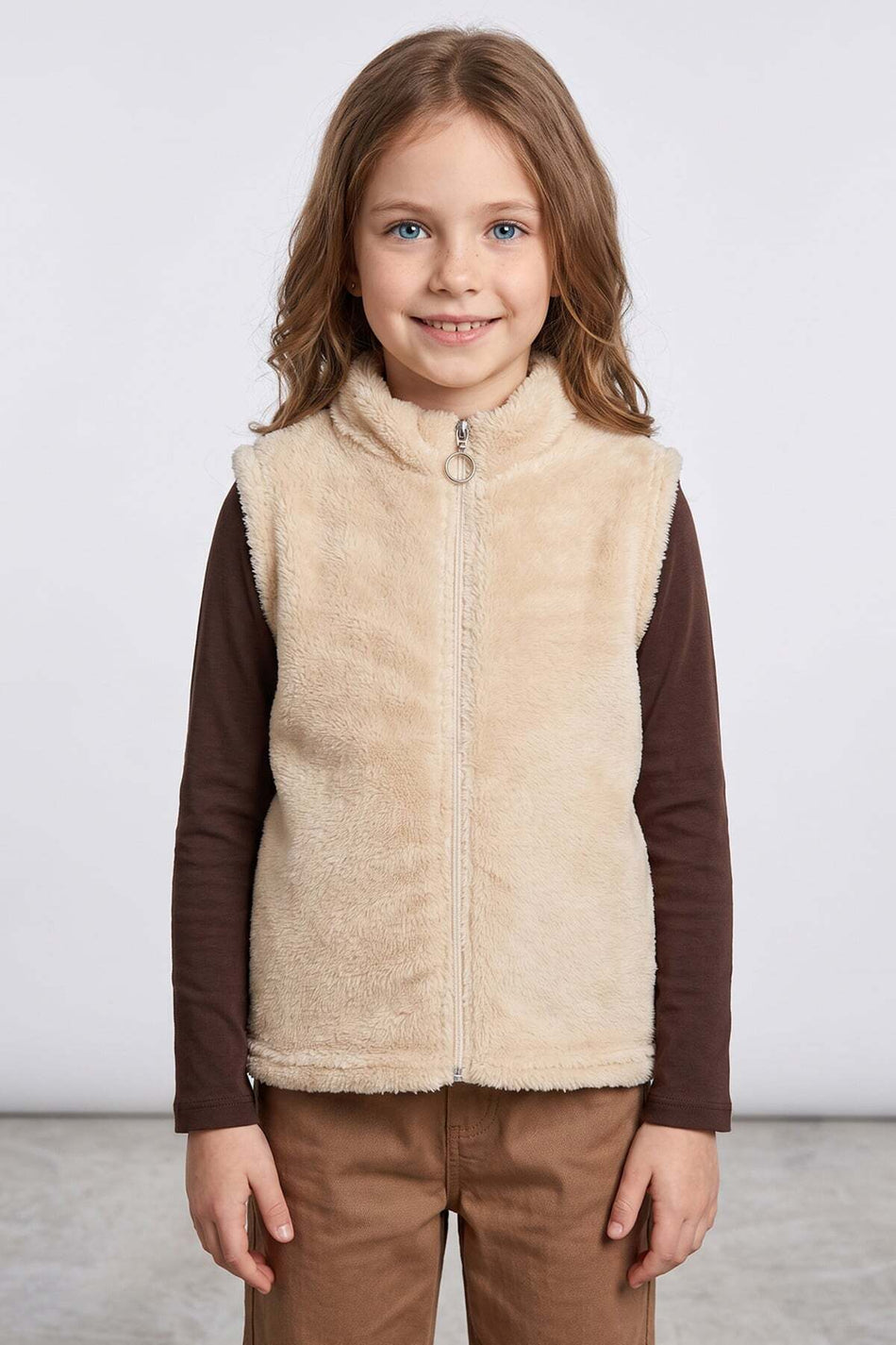 Zippered High Collar Girls' Plush Vest - MALLTURK